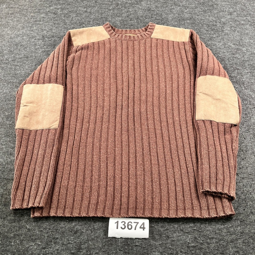 Vintage Flyshacker Sweater Men Medium Brown Heavy Ribbed Knit Cotton Elbow Patch
